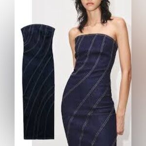 NWT Zara Denim Strapless Midi Sculpted Stitch Dress Medium & Large